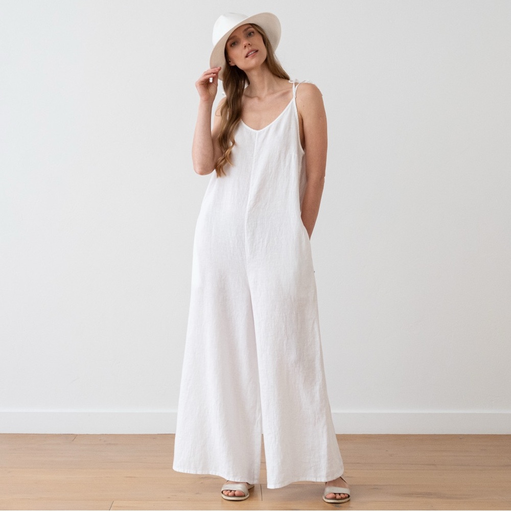 AQUAVITA 100% Linen Jumpsuit Romper Pants in White